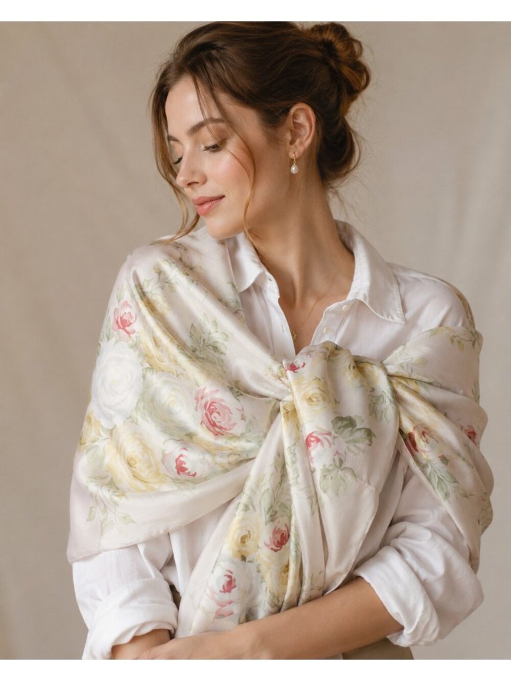 Ellen Tracy 100% Silk Floral Square Scarf Pink Rose Print 34x34 Made Korea